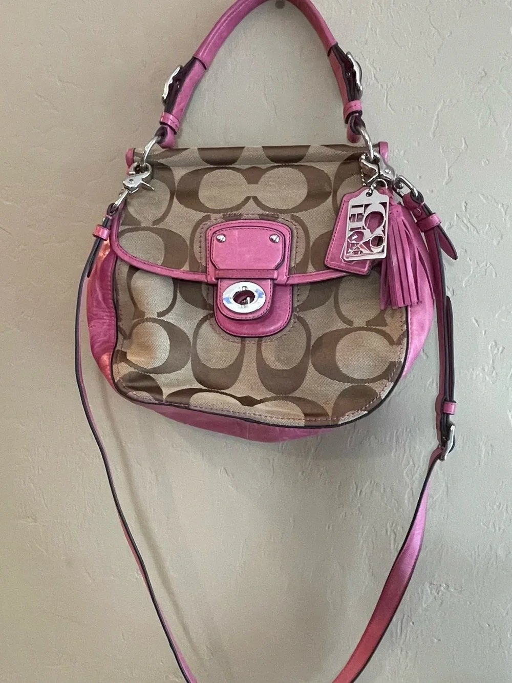 Coach Pink 70th anniversary Signature Canvas leather Crossbody Stripe Lining